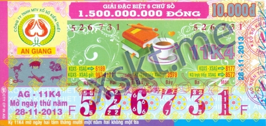 Mẫu vé sô xổ số An Giang ngày 28/11/2013