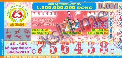 Mẫu vé sô xổ số An Giang ngày 30/5/2013
