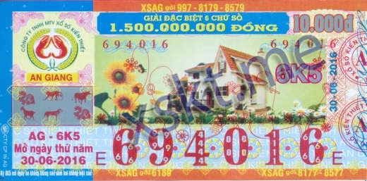 Mẫu vé sô xổ số An Giang ngày 30/6/2016