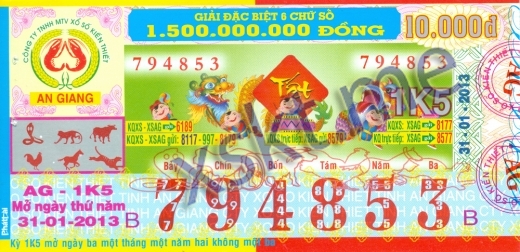 Mẫu vé sô xổ số An Giang ngày 31/1/2013
