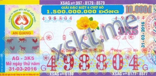 Mẫu vé sô xổ số An Giang ngày 31/3/2016