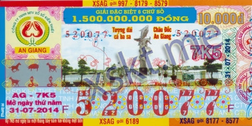 Mẫu vé sô xổ số An Giang ngày 31/7/2014
