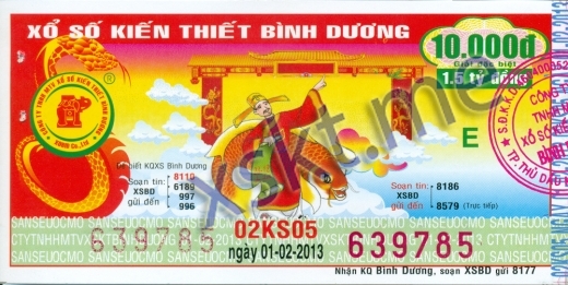 Mẫu vé sô xổ số Bình Dương ngày 1/2/2013