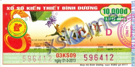 Mẫu vé sô xổ số Bình Dương ngày 1/3/2013