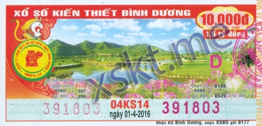 Mẫu vé sô xổ số Bình Dương ngày 1/4/2016