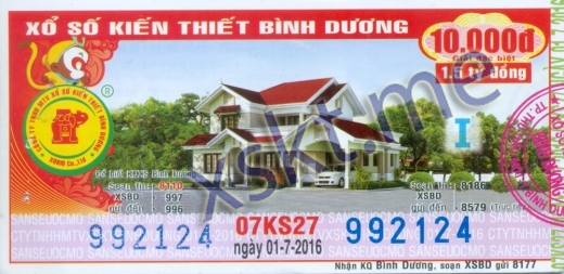 Mẫu vé sô xổ số Bình Dương ngày 1/7/2016