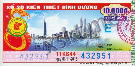 Mẫu vé sô xổ số Bình Dương ngày 1/11/2013