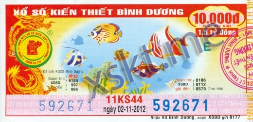 Mẫu vé sô xổ số Bình Dương ngày 2/11/2012