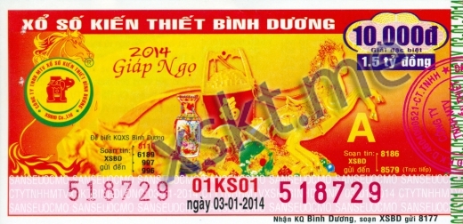 Mẫu vé sô xổ số Bình Dương ngày 3/1/2014