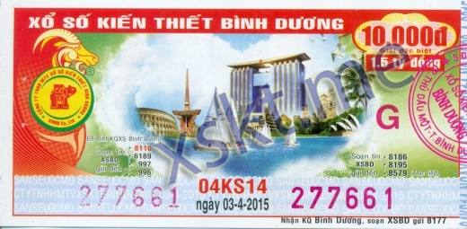 Mẫu vé sô xổ số Bình Dương ngày 3/4/2015