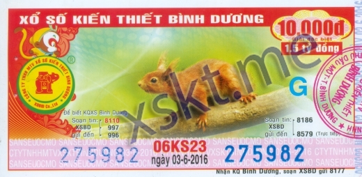 Mẫu vé sô xổ số Bình Dương ngày 3/6/2016