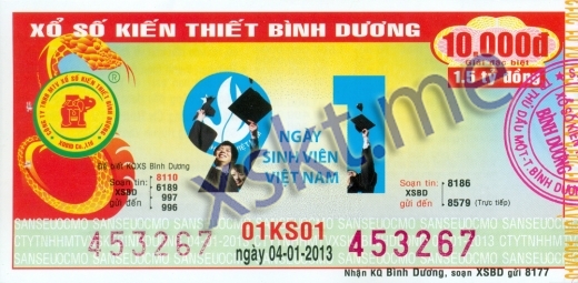 Mẫu vé sô xổ số Bình Dương ngày 4/1/2013