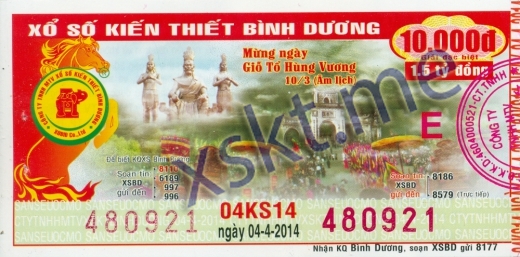 Mẫu vé sô xổ số Bình Dương ngày 4/4/2014
