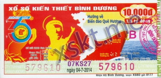 Mẫu vé sô xổ số Bình Dương ngày 4/7/2014
