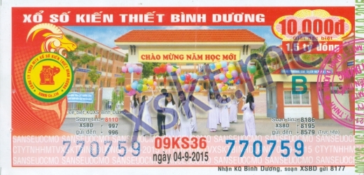 Mẫu vé sô xổ số Bình Dương ngày 4/9/2015