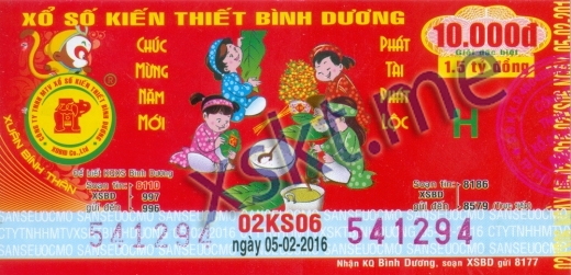 Mẫu vé sô xổ số Bình Dương ngày 5/2/2016