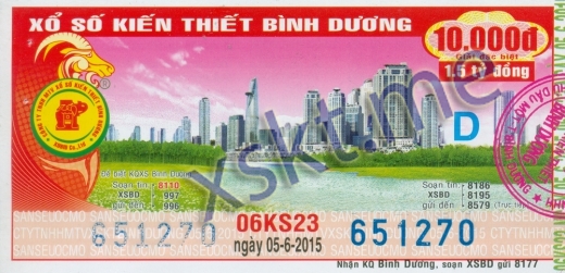 Mẫu vé sô xổ số Bình Dương ngày 5/6/2015