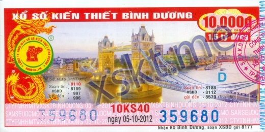 Mẫu vé sô xổ số Bình Dương ngày 5/10/2012