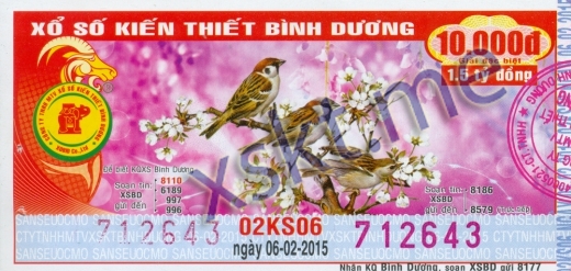 Mẫu vé sô xổ số Bình Dương ngày 6/2/2015