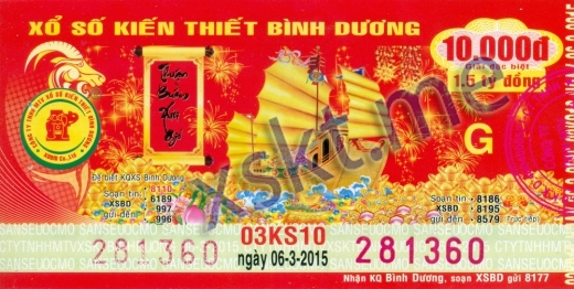 Mẫu vé sô xổ số Bình Dương ngày 6/3/2015