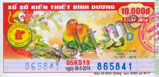 Mẫu vé sô xổ số Bình Dương ngày 6/5/2016