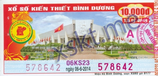 Mẫu vé sô xổ số Bình Dương ngày 6/6/2014