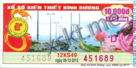 Mẫu vé sô xổ số Bình Dương ngày 6/12/2013