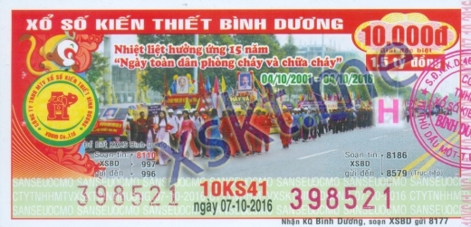 Mẫu vé sô xổ số Bình Dương ngày 7/10/2016