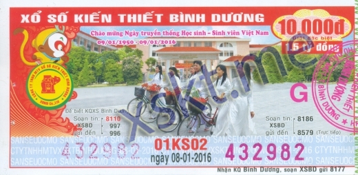 Mẫu vé sô xổ số Bình Dương ngày 8/1/2016