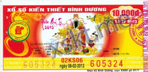Mẫu vé sô xổ số Bình Dương ngày 8/2/2013