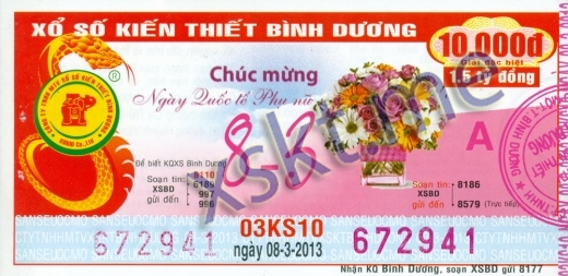 Mẫu vé sô xổ số Bình Dương ngày 8/3/2013