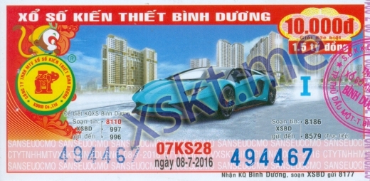 Mẫu vé sô xổ số Bình Dương ngày 8/7/2016