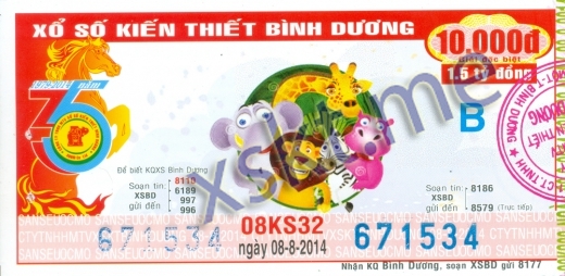 Mẫu vé sô xổ số Bình Dương ngày 8/8/2014