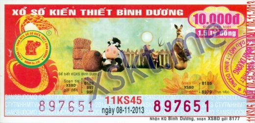 Mẫu vé sô xổ số Bình Dương ngày 8/11/2013