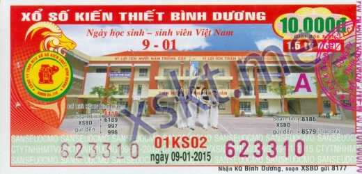Mẫu vé sô xổ số Bình Dương ngày 9/1/2015