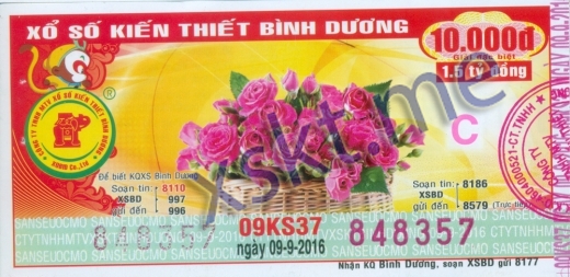 Mẫu vé sô xổ số Bình Dương ngày 9/9/2016
