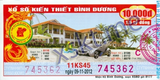 Mẫu vé sô xổ số Bình Dương ngày 9/11/2012