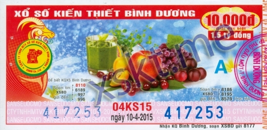 Mẫu vé sô xổ số Bình Dương ngày 10/4/2015