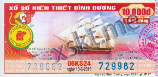 Mẫu vé sô xổ số Bình Dương ngày 10/6/2016