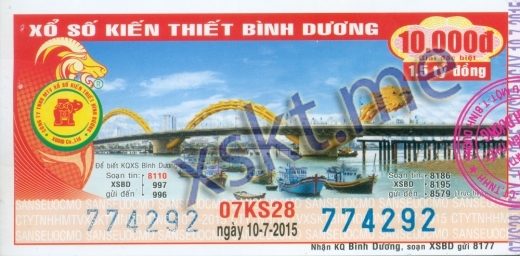 Mẫu vé sô xổ số Bình Dương ngày 10/7/2015