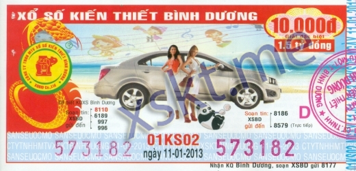 Mẫu vé sô xổ số Bình Dương ngày 11/1/2013