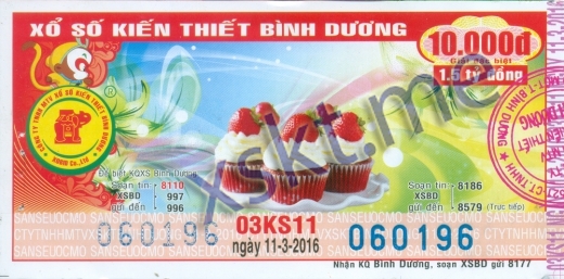 Mẫu vé sô xổ số Bình Dương ngày 11/3/2016