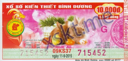 Mẫu vé sô xổ số Bình Dương ngày 11/9/2015
