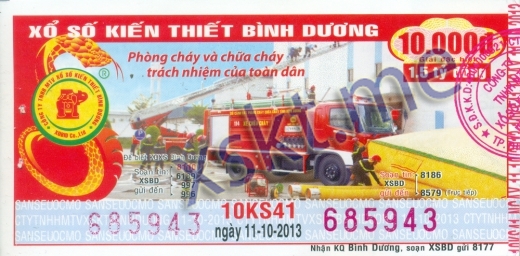Mẫu vé sô xổ số Bình Dương ngày 11/10/2013