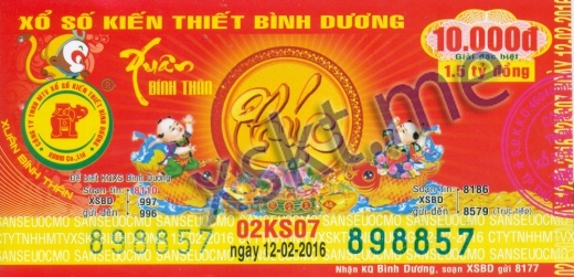 Mẫu vé sô xổ số Bình Dương ngày 12/2/2016
