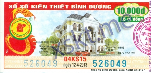 Mẫu vé sô xổ số Bình Dương ngày 12/4/2013