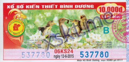 Mẫu vé sô xổ số Bình Dương ngày 12/6/2015