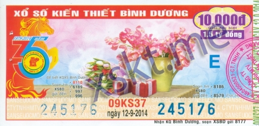 Mẫu vé sô xổ số Bình Dương ngày 12/9/2014