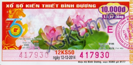 Mẫu vé sô xổ số Bình Dương ngày 12/12/2014
