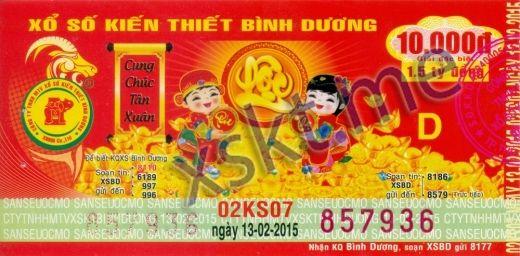 Mẫu vé sô xổ số Bình Dương ngày 13/2/2015